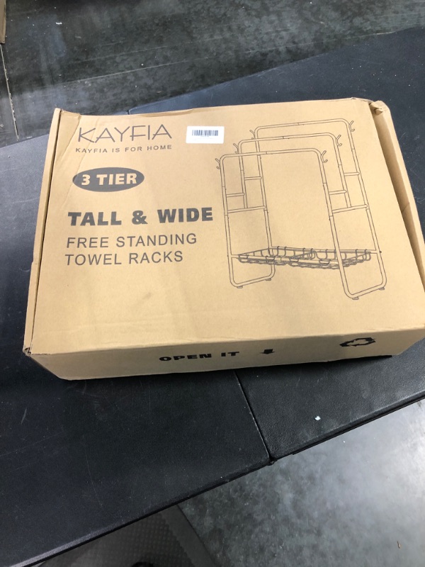 Photo 5 of 40" H Standing Towel Rack with 2 Storage Baskets & 6 Hooks, 3 Tier Silver Metal Towel Holder for Extra Large Towel, Modern Industrial Blanket Ladder Display and Drying Rack for Bedroom Bathroom Grey