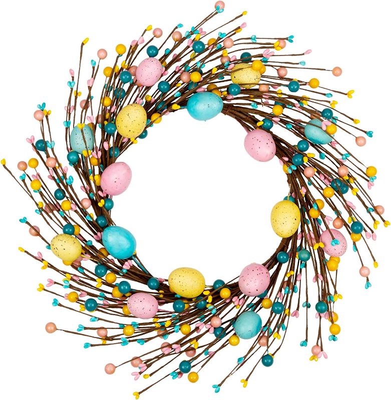 Photo 1 of 18 inch Artificial Easter Wreath with Pastel Eggs Easter Egg Wreath for Front Door with Mixed Berries for Indoor and Outdoor Decorations