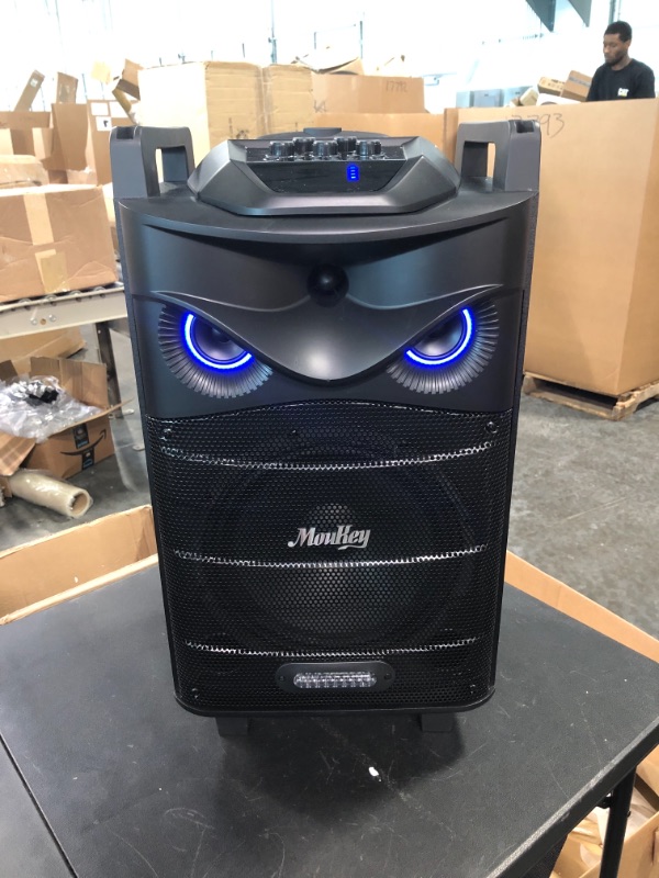 Photo 3 of Moukey Karaoke Machine, PA System Subwoofer, Portable Bluetooth Speaker w/ 2 Wireless Microphones, Lyrics Display Holder, Party Lights & Echo/Treble/Bass Adjustment, Support TWS/REC/AUX/MP3/USB/TF/FM 10" Subwoofer