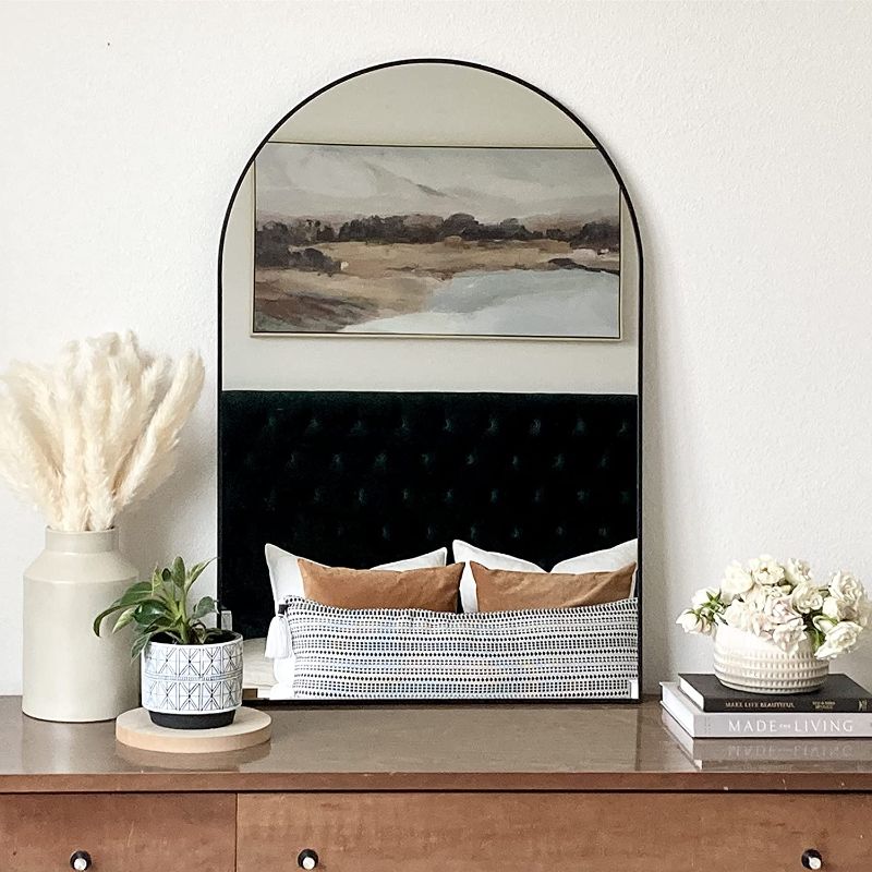 Photo 1 of BEAUTYPEAK 26"x38" Arch Bathroom Mirror, Wall Mounted Mirror, Black Vanity Wall Mirror w/Metal Frame for Bedroom, Entryway, Living Room