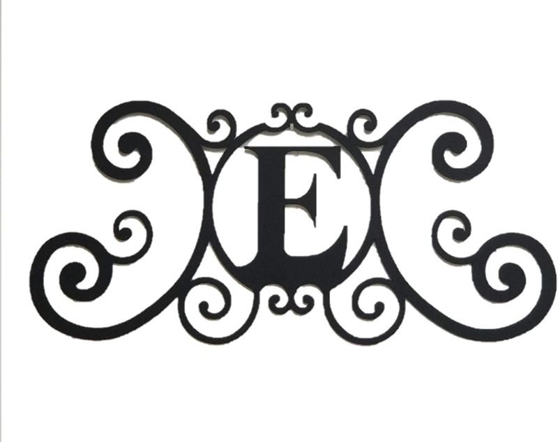 Photo 1 of BookishBunny Monogram Initial Letter A-Z Wrought Iron Metal Scrolled Door Wall Decoration Plaque Art, 24 x 11 inch 2mm Thick (E)