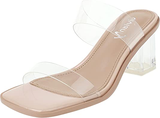 Photo 1 of vivianly Womens Clear Heels Sandals Transparent Chunky Heels Backless Open Toe Slip on Mules Heeled Slipper Dress Shoes