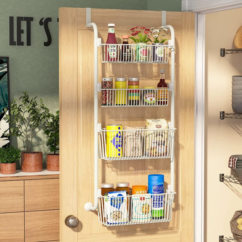 Photo 1 of 1Easylife Over the Door Pantry Organizer Rack, 4 Baskets Pantry Door Organization and Storage, Heavy-Duty Metal Kitchen Spice Rack Over Door Can Organizer, (2x4.72+2x5.9 Width Baskets, Cream White)