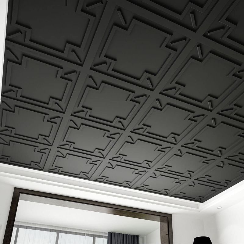 Photo 1 of Art3d Decorative Drop Ceiling Tile 2‘x2‘, Glue-up 3D Textured Ceiling Panel, Plastic Sheet in Black(12 Pack)