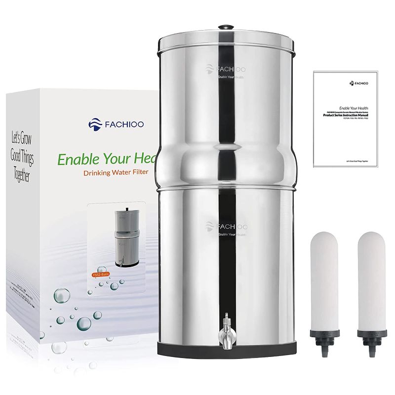 Photo 1 of FACHIOO 2.25 Gallon Stainless Steel Gravity-Fed Water Filter System with 2 White Ceramics Purification Washable Filter, Portable Countertop Filter System for Home and Outdoor Camping Use