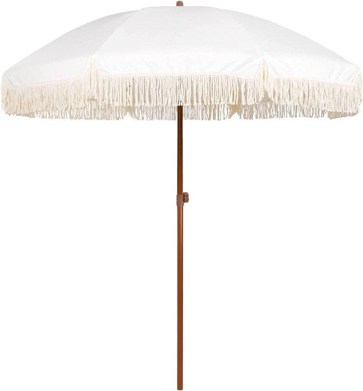 Photo 1 of AMMSUN 7ft Patio Umbrella with Fringe Outdoor Tassel Umbrella UPF50+ Premium Steel Pole and Ribs Push Button Tilt,White Cream