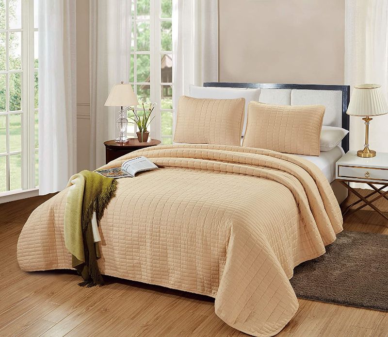 Photo 1 of 3-Piece Bedding Catena Quilt Set Solid Sand Beige Queen/Full Size 90" x 90" Bedspread with 2 Pillow Shams