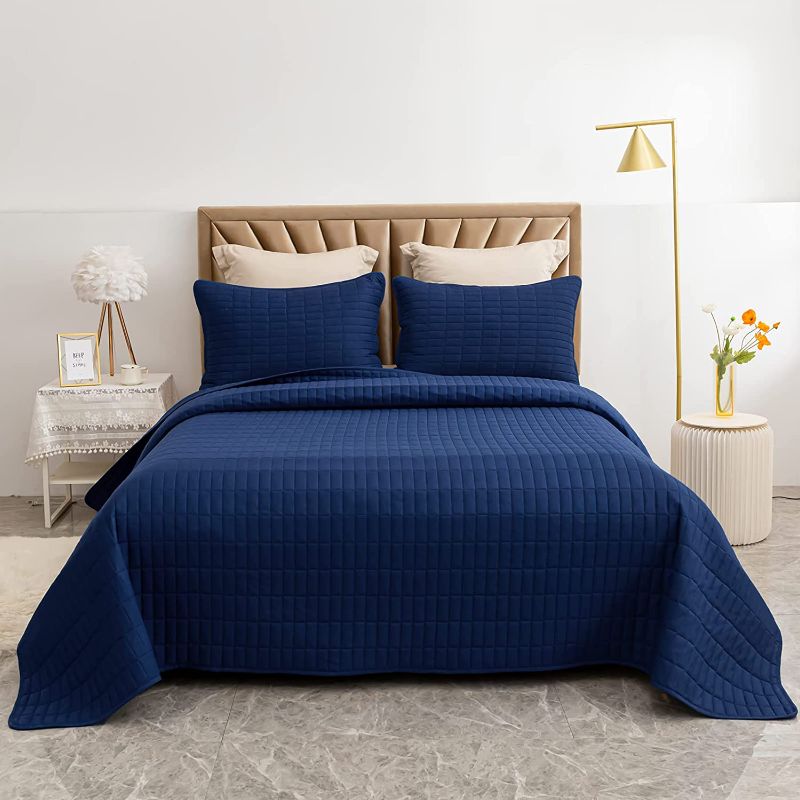 Photo 1 of BYBYME 3 Pieces Oversized Quilt Set Bedspread(128"x120"), Reversible Lightweight Coverlet Bed Cover, Summer Comforter Set for All Season (Oversized King Plus(128x120), Navy) Navy Oversized King Plus(128x120)