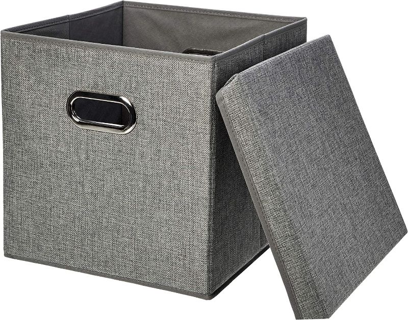 Photo 1 of Amazon Basics Foldable Burlap Cloth Cube Storage Bin with Lid, Set of 2