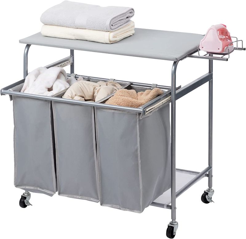 Photo 1 of ALIMORDEN Laundry Sorter Cart Heavy Duty 3 Bags Classic Rolling Side pull Laundry Hamper Sorter with Ironing Board and 4 Wheels Grey