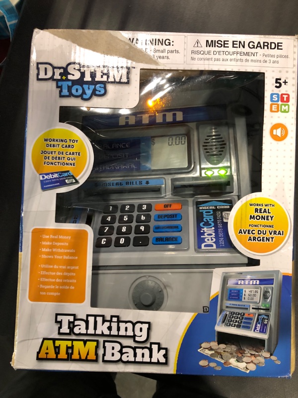 Photo 2 of Dr. STEM Toys Kids Talking ATM Machine Savings Piggy Bank with Digital Screen, Electronic Calculator That Counts Real Money, and Safe Box for Kids, Silver