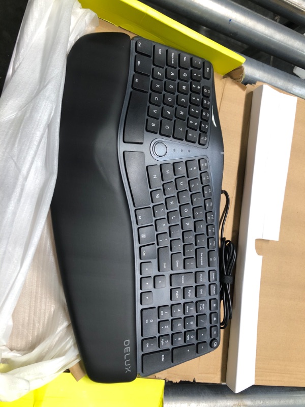 Photo 2 of DeLUX Wired Ergonomic Split Keyboard with Wrist Rest, [Standard Ergo] Keyboard Series with 2 USB Passthrough, Natural Typing Reducing Hand Pressure, 107 Keys for Windows and Mac OS (GM901U-Black)