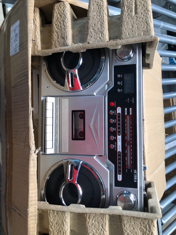 Photo 2 of Victrola 1980s Retro Bluetooth Boombox with Cassette Player and AM/FM Radio, Wired and Wireless Streaming, Classic 80s Style with Modern Technology, Silver
