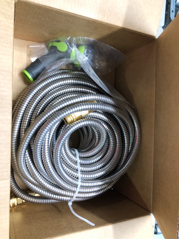 Photo 2 of 360Gadget Metal Garden Hose - 100ft Heavy Duty Stainless Steel Water Hose with 8 Function Sprayer & Metal Fittings, Flexible, Lightweight, No Kink, Puncture Proof Hose for Yard, Outdoors, Rv 100.0 Feet