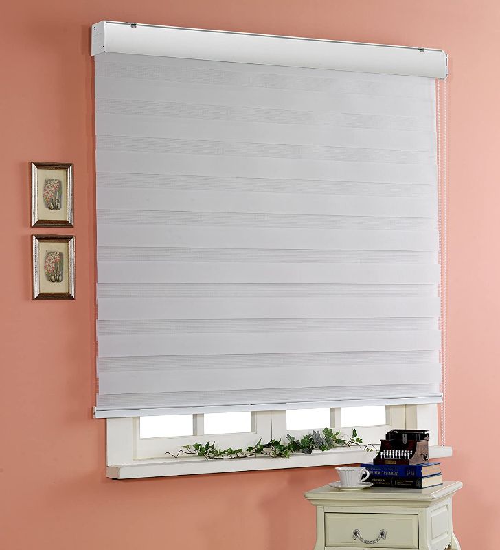 Photo 1 of Basic, White, W 59 x H 47 inch Zebra Roller Blinds, Dual Layer Shades, Sheer or Privacy Light Control