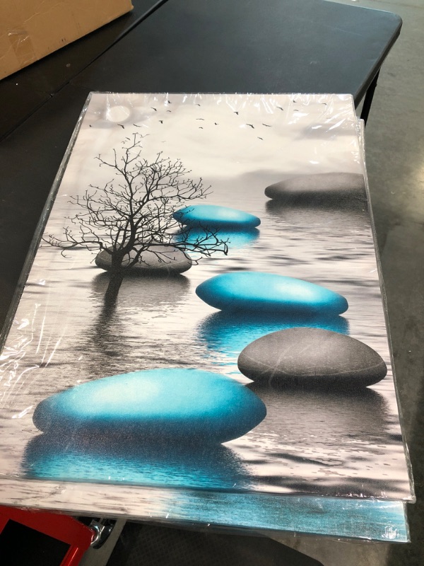 Photo 1 of Canvas Wall Art for Living Room Wall Decor for Bedroom Bathroom Black and White Paintings Modern 3 Piece Framed Canvas Art Prints Ready to Hang Inspirational Abstract Blue Pictures Home Decorations 20x28inches*3pcs Blue Stone Pictures