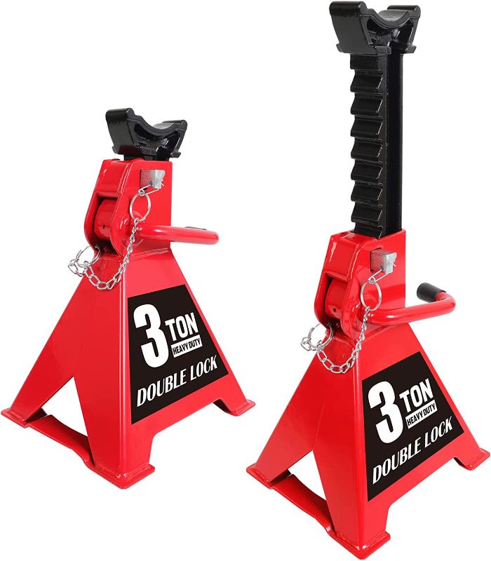 Photo 1 of BIG RED T43005A Torin Steel Heavy Duty Jack Stands: Double Locking Pins, 3 Ton (6,000 lb) Capacity, Red, 1 Pair (2 Pack)