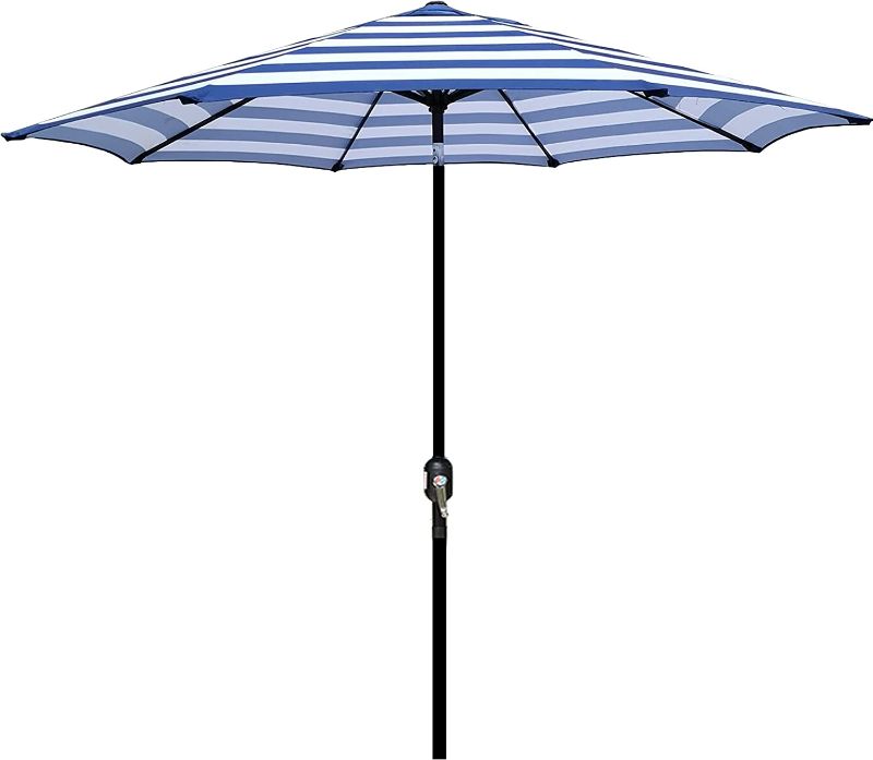 Photo 1 of 9' Outdoor Patio Umbrella, Striped Patio Umbrella, Market Striped Umbrella with Push Button Tilt and Crank (Blue & White Stripe)