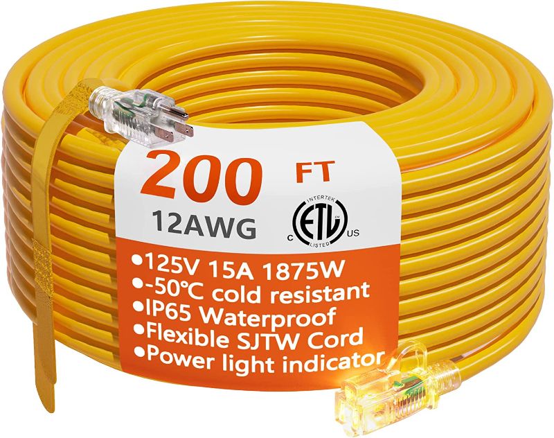 Photo 1 of 200 ft Outdoor Extension Cord Waterproof 12/3 Gauge Heavy Duty with Lighted end, Flexible Cold-Resistant 3 Prong Electric Cord Outside, 15Amp 1875W 12AWG SJTW, Yellow