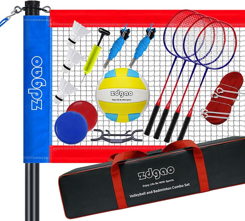 Photo 1 of Zdgao Badminton & Volleyball Combo Set - Professional Volleyball Net for Lawn, Backyard, Easy Set up Volleyball Set with Carry Bag, Boundary Line | Come with Flying Discs for Family Fun