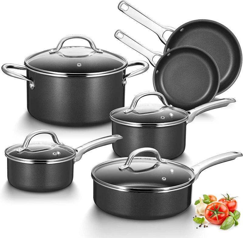 Photo 1 of  Cookware 10 Piece, Fadware Pots and Pans Set Nonstick, Oven & Dishwasher Safe Cookware, Kitchen Cooking Pan Set with Glass Lids, Includes Frying Pans, Saute Pan, Saucepans & Stockpot, Black