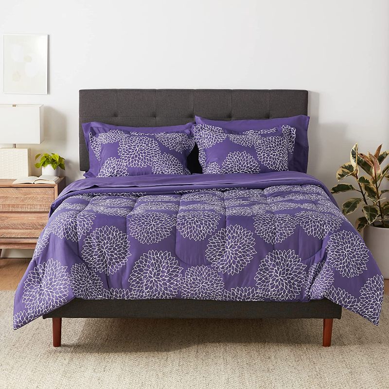 Photo 1 of Amazon Basics Lightweight Microfiber 7 Piece Bed-in-a-Bag Comforter Bedding Set, Full/Queen, Purple Floral
