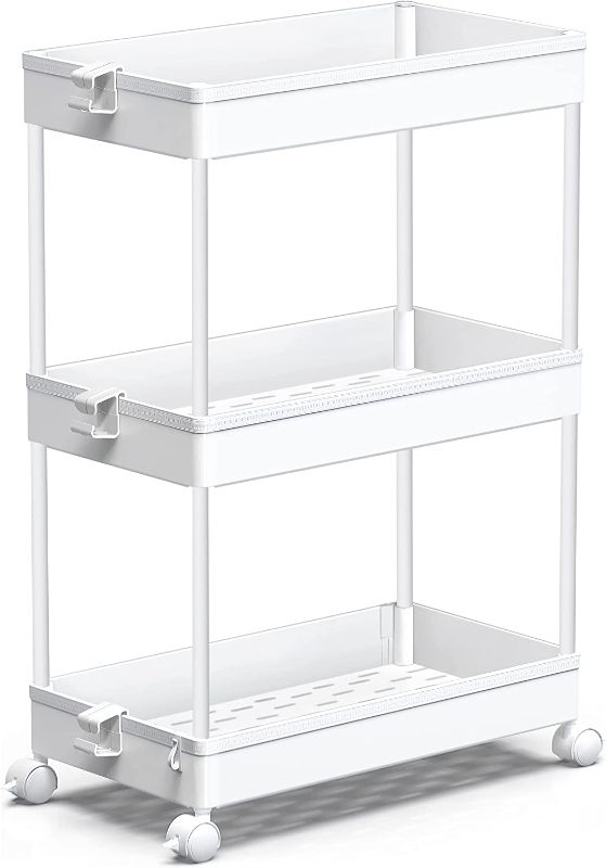 Photo 1 of  Storage Rolling Cart, 3 Tier Laundry Room Organization Utility Cart Bathroom Organizer Mobile Shelving Unit Shelves Multi-Functional Trolley, White