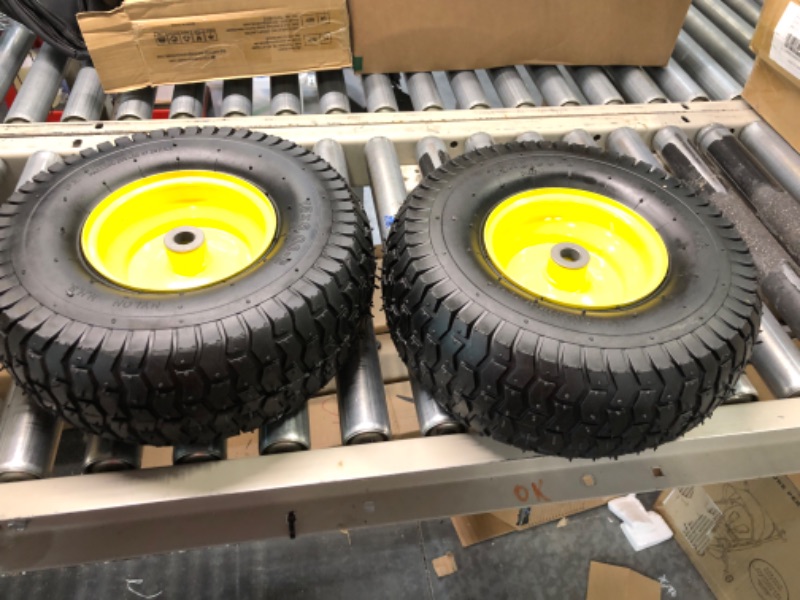 Photo 2 of (2 Pack) AR-PRO Exact Replacement 15" x 6.00 - 6" Front Tire and Wheel Assemblies for John Deere Riding Mowers - Compatible with John Deere 100 and D100 Series - 3” Hub Offset and 3/4” Bushings 15" x 6.00-6" Yellow