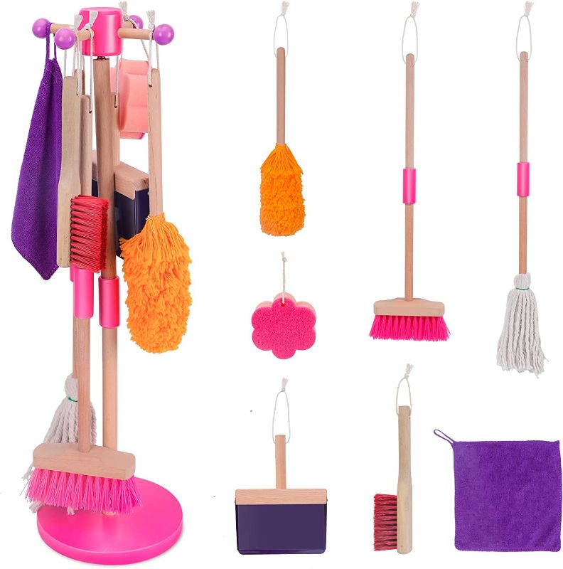 Photo 1 of Kids Cleaning Set 8 Piece, Wooden Detachable Cleaning Toys for Toddlers, Broom Dustpan Mop Brush Duster Rag Sponge and Hanging Stand, Pretend Play Household Cleaning Tools Gifts for Age 3-8