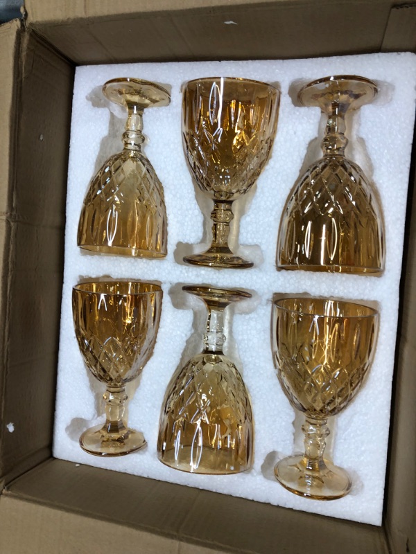 Photo 3 of Vintage Wine Glasses Set of 6, 11 Ounce Colored Glass Water Goblets, Unique Embossed Pattern High Clear Stemmed Glassware Wedding Party Bar Drinking Cups Amber 6 Pack