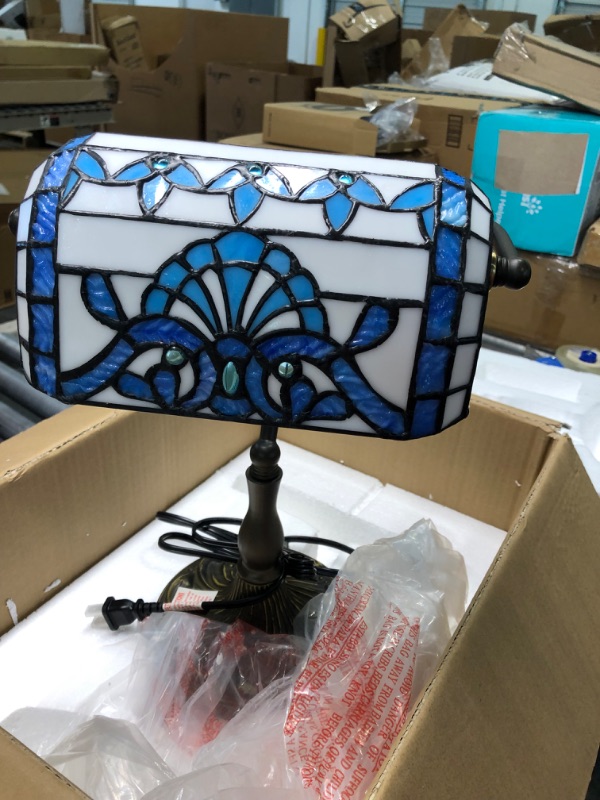 Photo 3 of Tiffany Style Bankers Table Lamp Stained Glass Piano Desk Lamp Vintage Bedroom Bedside Lamp for Study,Antique Alloy Base,Zipper Switch,Blue Baroque