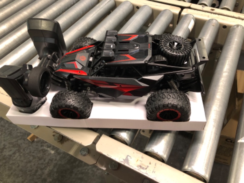 Photo 4 of LARVEY 2WD 1:16 Scale Remote Control Car, 20 Km/h High Speed Remote Control Truck Off Road RC Monster Vehicle with LED Headlights and Chassis Lights, Electric Toy for Boys Kids and Adults Crimson Thunder