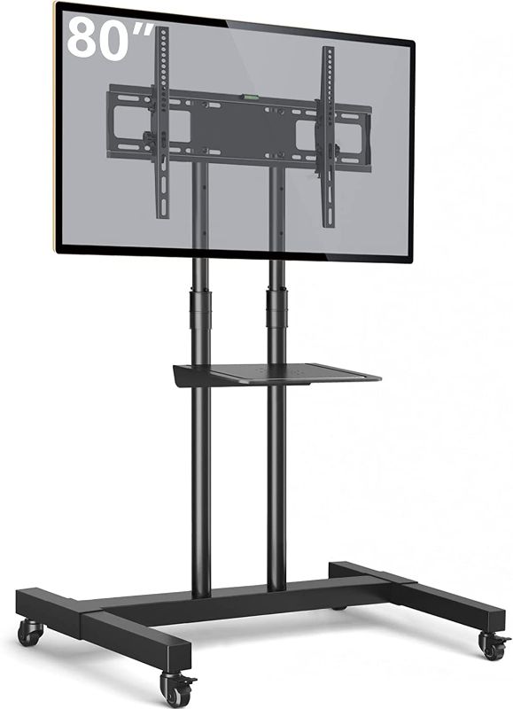 Photo 1 of Mobile TV Stand Rolling TV Cart Floor Stand with Mount on Lockable Wheels Height Adjustable Shelf for 32-80 Inch TV Stand Flat Screen or Curved TVs Monitors Display Trolley Loading 110 lbs, White