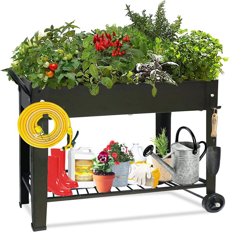 Photo 1 of aboxoo Large Planter Raised Beds with Legs Outdoor Metal Planter Box on Wheels Elevated Garden Bed for Vegetables Flower Herb Patio (40" L x 11" W x 31.5" H)