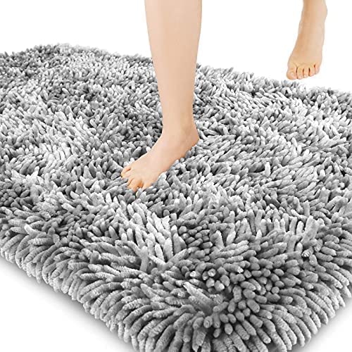 Photo 1 of Yimobra Luxury Chenille Bathroom Rug Mat, Extra Soft and Absorbent Shaggy Bath Rugs Non Slip, Machine Washble Dry, Plush Floor Carpet for Tub, Shower, and Bath Room, 60.2 x 24 Inches, Light Gray
