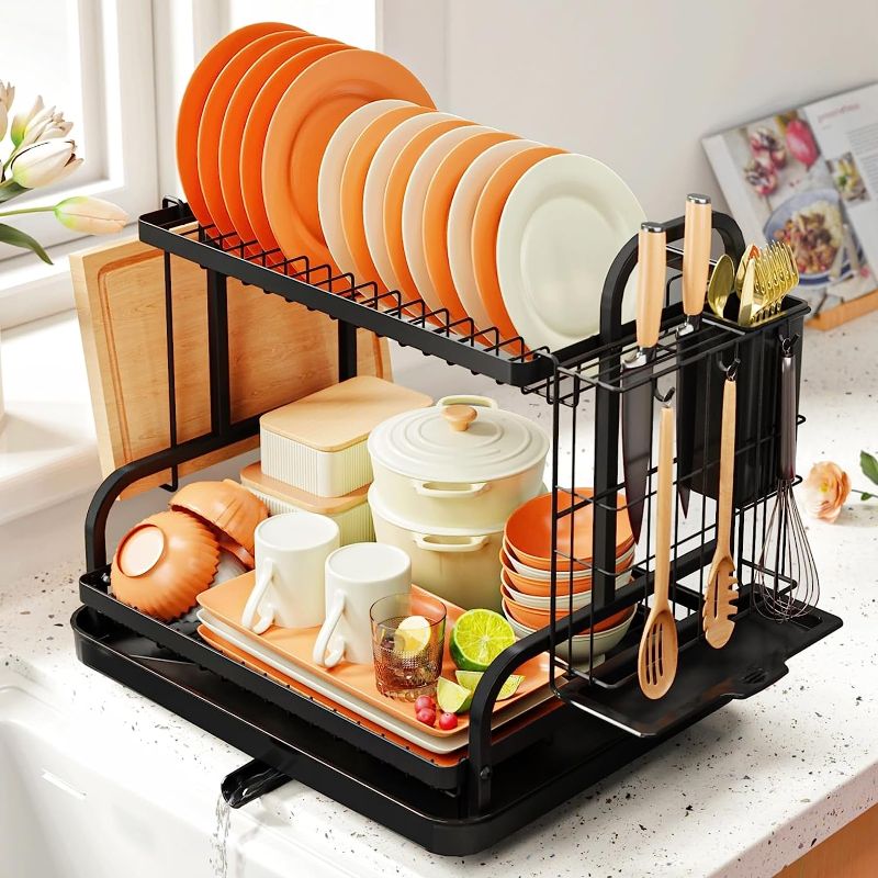 Photo 1 of  Dish Drying Rack for Countertop - Rustproof Space-Saving & Multipurpose 2-Tier Dish Rack for Kitchen Counter with Utensil Holder, Large-Capacity, Black
