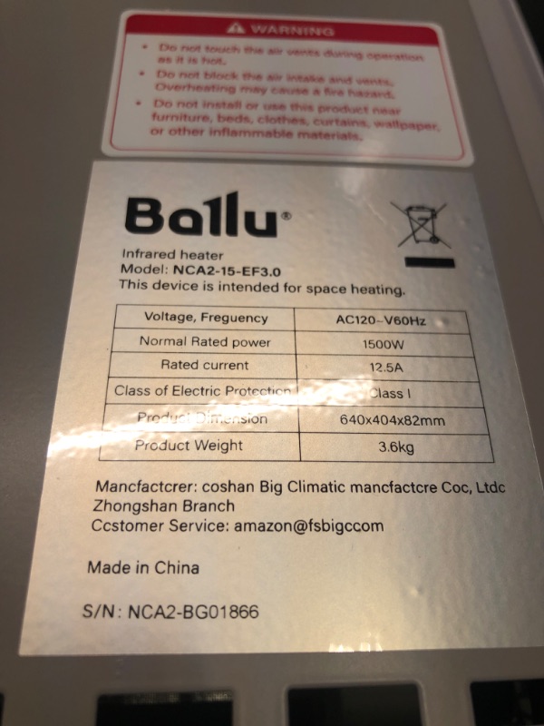 Photo 3 of Ballu Infrared Space Heater for Indoor Use?1500W Full Room Quiet Heating With TFT Display?24h Timer?Eco?Auto Thermostat?Standing/Wall Mount?Electric Portable Panel Heater for Bedroom?Office White