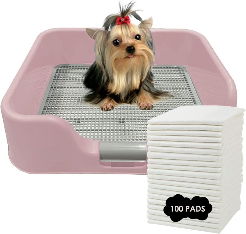 Photo 1 of [PS KOREA] Indoor Dog Potty Tray – with Protection Wall Every Side for No Leak, Spill, Accident - Keep Paws Dry and Floors Clean (Pink) + Pee PAD 100 PCS
