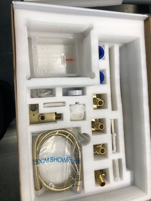 Photo 3 of Brushed Gold Shower System Thermostatic Shower Faucet System with Body Jets Backnets 12 Inch Ceiling Mount Rainfall Shower Head System, Can Use All Options At A Time Brushed Gold 12" LED Ceiling Mounted