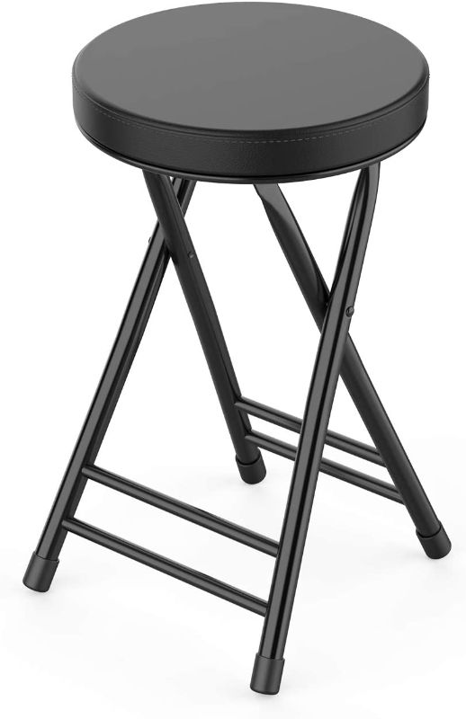 Photo 1 of 4 Folding Stool,Cushioned Padded Folding Stool 18.1 inch,Black Portable Heavy Duty Collapsible Padded Round Stool
