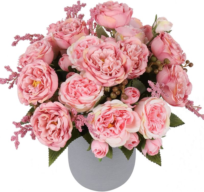 Photo 1 of Artificial Peonies Silk Flowers, Pink Faux Peony Bouquet 4 Bundles Florals Arrangements for Farmhouse Home Boho Wedding Table Centerpiece, Fake Plastic...
