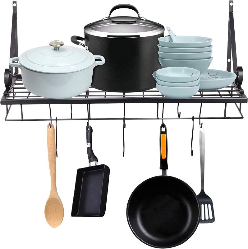 Photo 1 of Aquaterior Grid Wall Mount Pot Pan Rack Kitchen Cookware Organizer with 10 Hooks Metal Wall Shelves Storage Pot Holder Black
