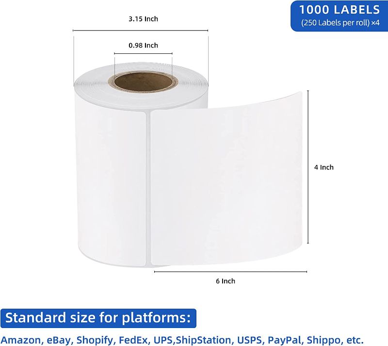 Photo 1 of AKOGIRSE 4"x6" Direct Thermal Shipping Labels, 1000 Labels/3 Rolls(250 Labels per Roll), Perforated Mailing Postage Label, Thermal Label Paper Roll Compatible with MUNBYN Rollo Zebra, Strong Adhesive