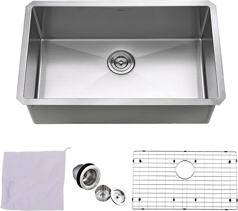 Photo 1 of APPASO 27-Inch Single Bowl Kitchen Sink Undermount, 16-Gauge Stainless Steel 10-Inch Deep Commercial Handmade Kitchen Sink with Grid and Strainer, HS3018
