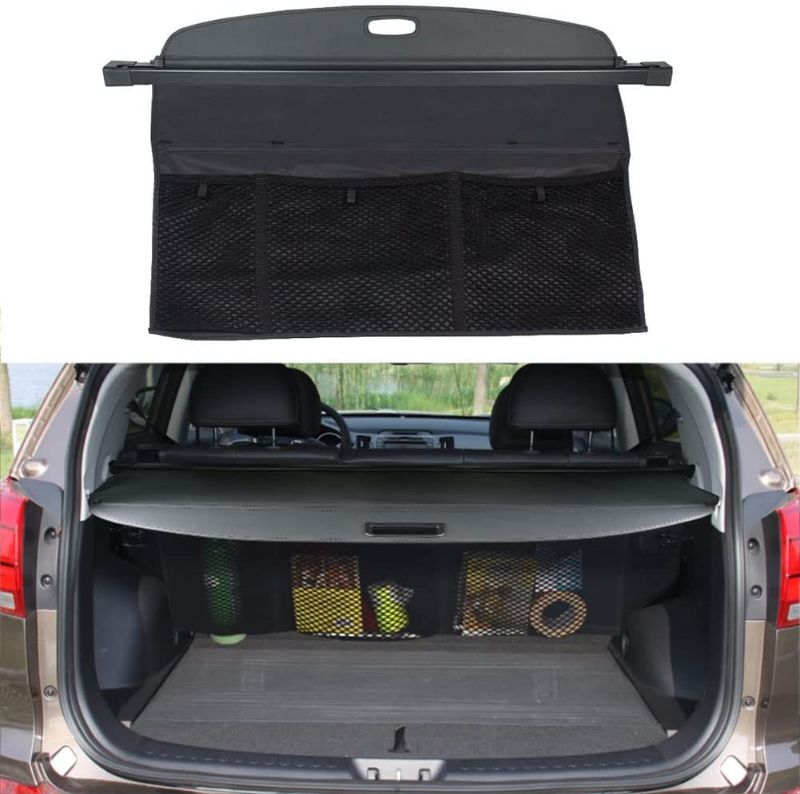 Photo 1 of BOPARAUTO Cargo Cover for Kia Sportage 2011 2012 2013 2014 2015 2016 Accessories Rear Black Trunk Shade Luggage Security Cover With Mesh Organizer
