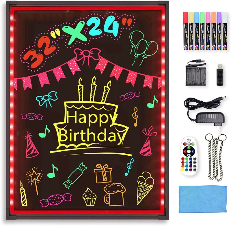 Photo 1 of Hosim LED Message Writing Board 32"x24" Illuminated Erasable Neon Effect Restaurant Menu Sign with 8 colors Markers, 7 Colors Flashing Mode DIY...
