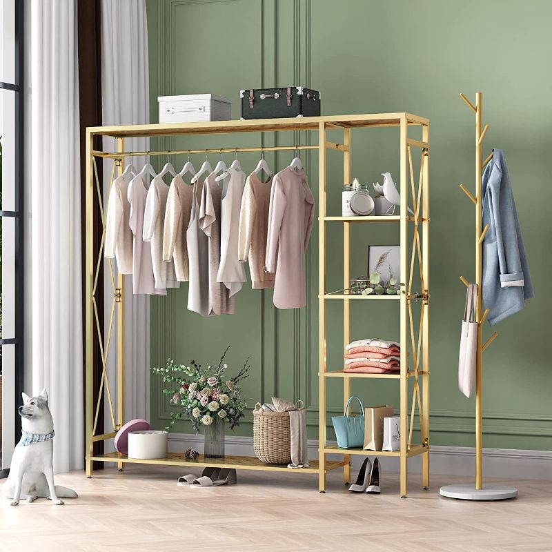 Photo 1 of TIEOU Gold Clothing Rack with Shelves, Standing Garment Rack, Clothes Rack for Hanging Clothes, Modern Rack Clothes, Gold Clothes rack,Wardrobe Closet,...
