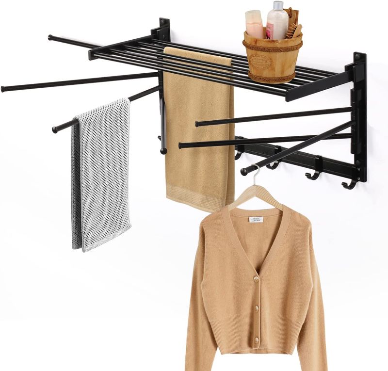 Photo 1 of uyoyous Towel Rack for Bathroom 23.6 Inch Clothes Drying Rack with Foldable Towel Shelf and Swing Arms Aluminum Rustproof Wall Mount Laundry Room Organizer 