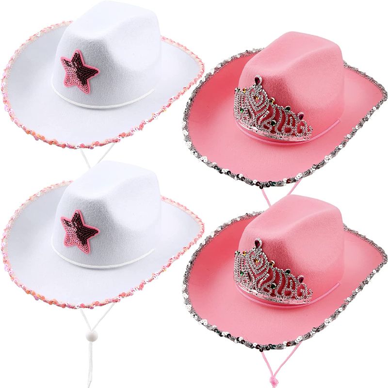 Photo 1 of SGBETTER 4 Pack Pink Cowboy Hat Cowgirl Hats with Blinking Sequin Tiara Crown Star for Halloween Cosplay Dress up Cowboy Party