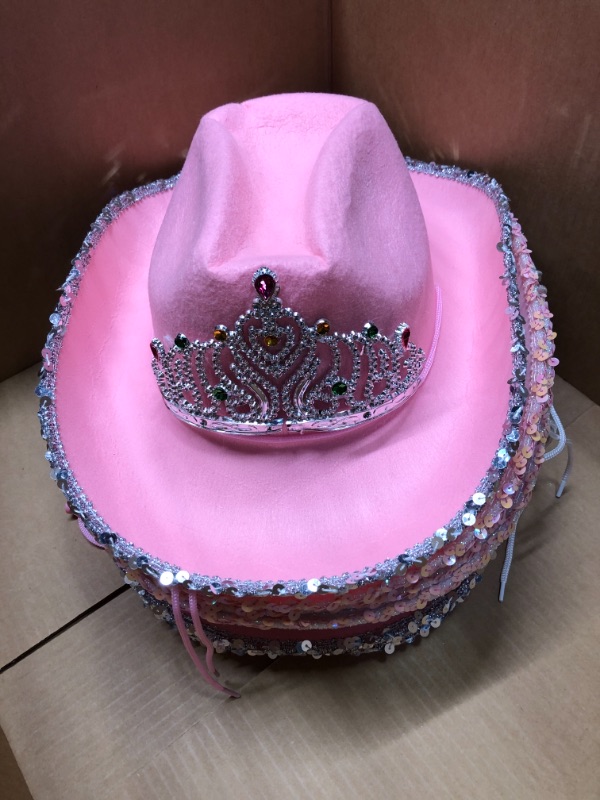 Photo 3 of SGBETTER 4 Pack Pink Cowboy Hat Cowgirl Hats with Blinking Sequin Tiara Crown Star for Halloween Cosplay Dress up Cowboy Party